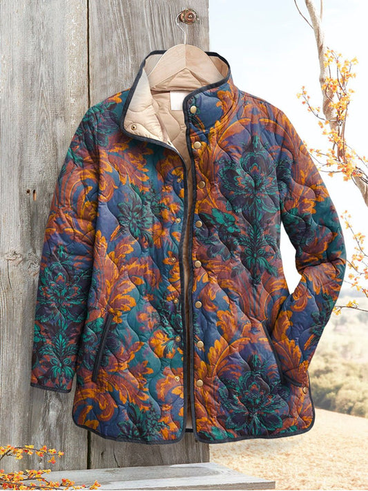 Women's Vintage Floral Art Print Casual Quilted Cardigan