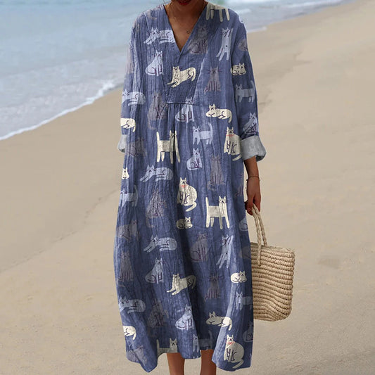 Vintage Relaxing Cats Pattern Printed V Neck Midi Dress elevenforest
