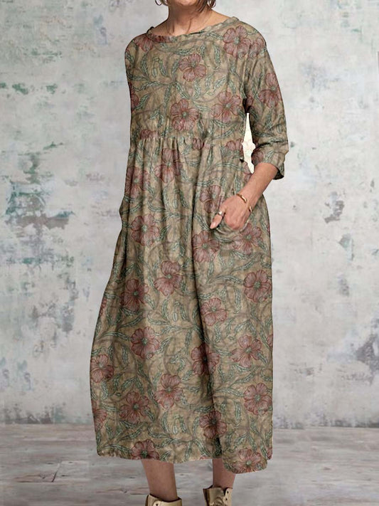 Women's Classic Floral Pattern Round Neck Cotton and Linen Top with Pockets