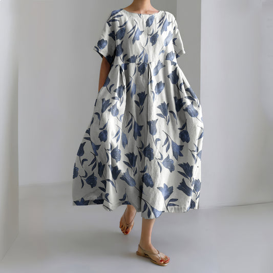 Comstylish Vintage Floral Print Round Neck Short Sleeve Midi Dress