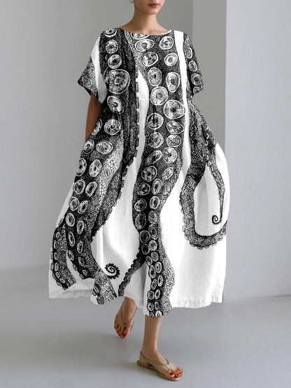 Comstylish Octopus Tentacles Art Linen Blend Cozy Maxi Dress