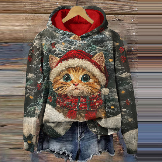 Vintage Christmas Cat Print Long Sleeve Casual Hoodie elevenforest