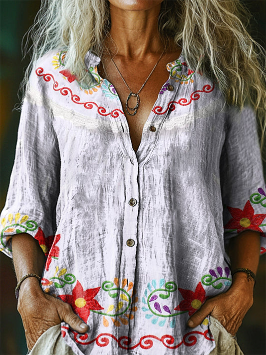 Women's Vintage Ethnic Floral Tattoo Pattern Art Print Casual Cotton L