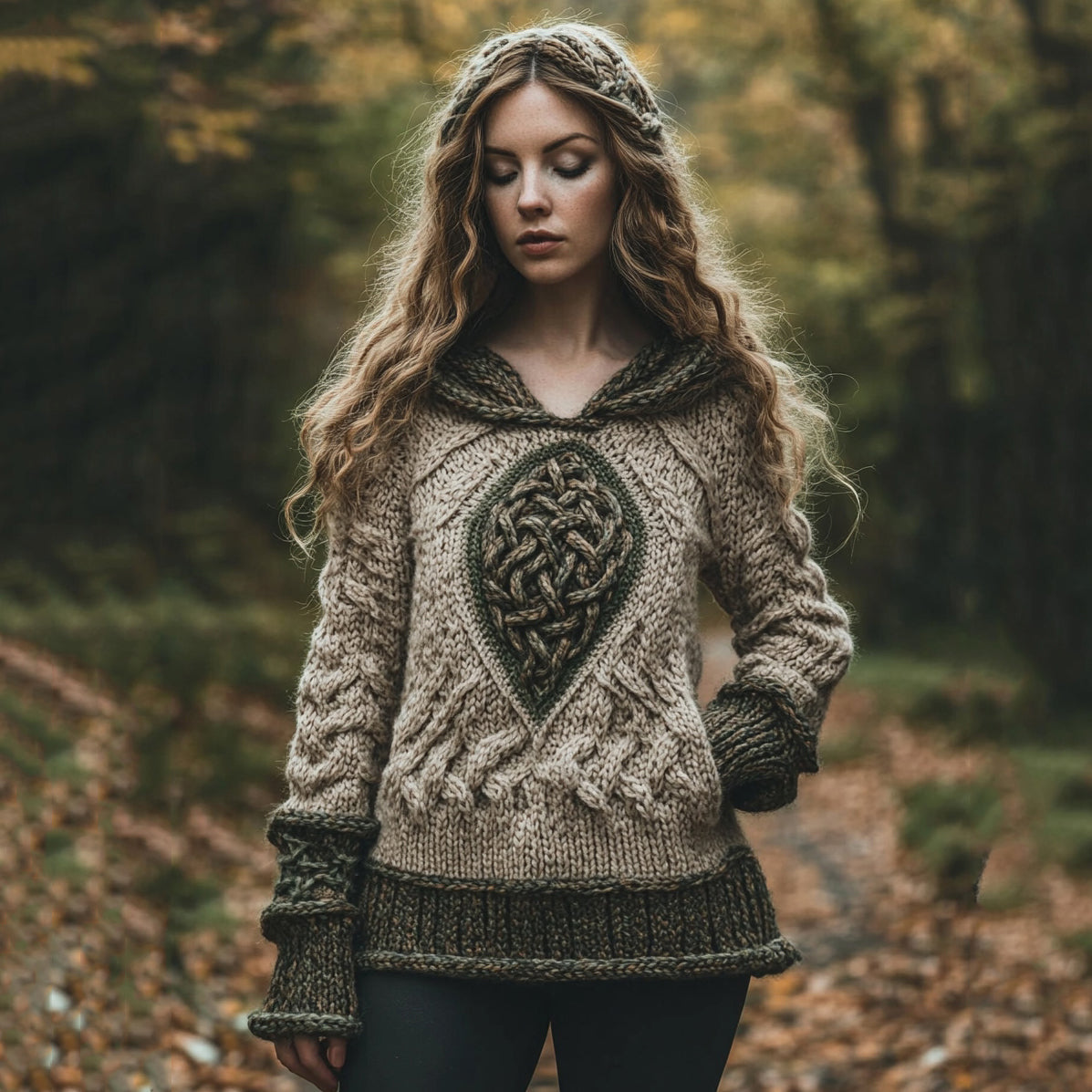 Women's Irish Celtic Knot Jacquard Top Hooded Sweater artswardrobe