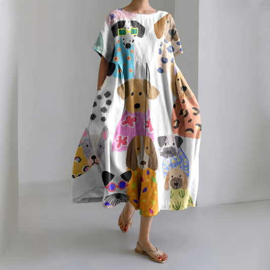 Comstylish Women'S Cute Dog ​​Print Short Sleeve Linen Blend Midi Dress