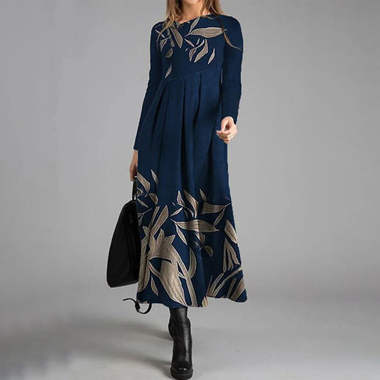 Elegant Floral Print Crew Neck Long Sleeve Wool Midi Dress elevenforest