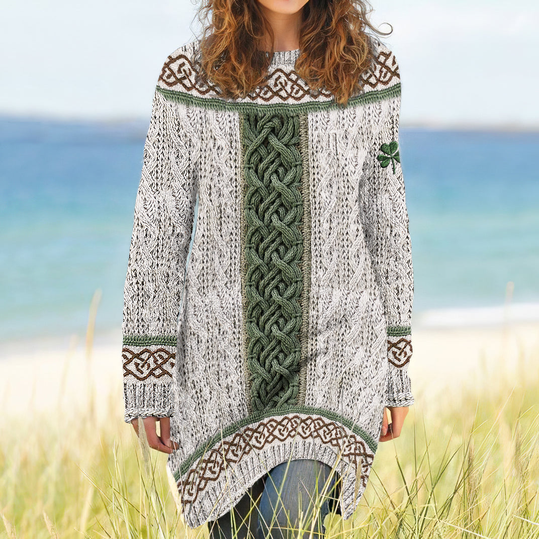 Women's Irish Celtic Knotted Shamrock Contrast Jacquard Sweater Dress artswardrobe