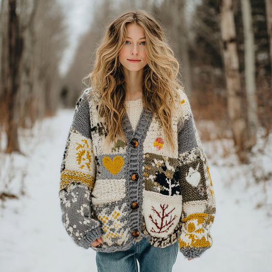 Comstylish Women's Flower Tree Heart Patchwork Button-detailed Warm Cardigan Sweater