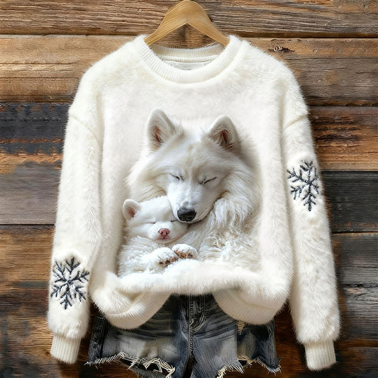 Christmas Snowflake And Sleeping Wolf Pattern Plush Thermal Sweater