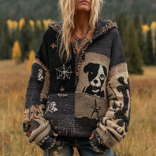 Comstylish Halloween Dog Patchwork Stitched Cozy Knit Hoodie