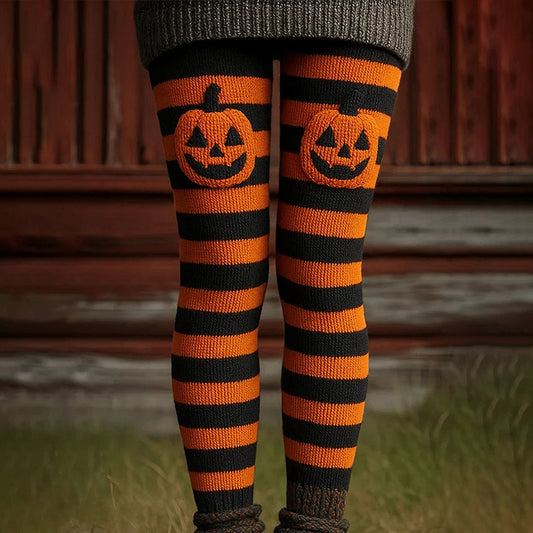 Women's Halloween Pumpkin Face Striped Art Casual Leggings artswardrobe