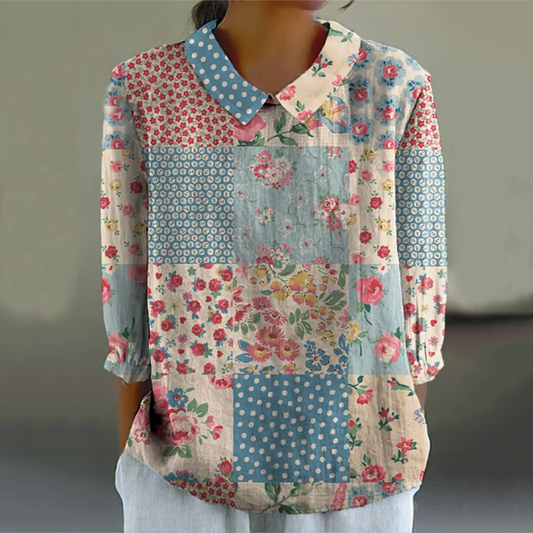Women's Vintage  Spring Lovely Floral Patchwork Art Print Design Lapel Shirt artswardrobe