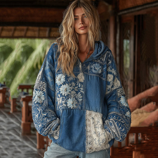 Vintage Bohemian Floral With  Japanese Traditional Sashiko Patchwork Art Embroidery Inspired Washed Hoodie artswardrobe