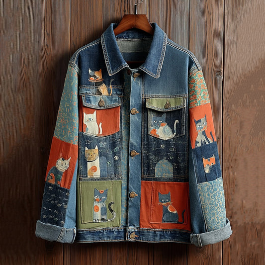 Comstylish Women's Cute Sashiko Embroidery Patchwork Cat Denim Jacket