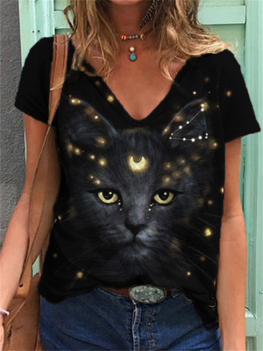 Mystical Celestial Black Cat V Neck T Shirt elevenforest