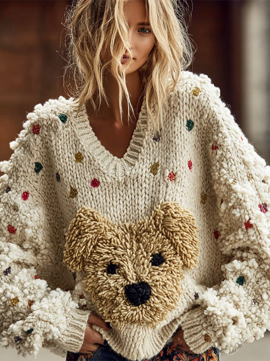 Comstylish Lady Retro Cute Dog Plush Comfortable Knitted Sweater.