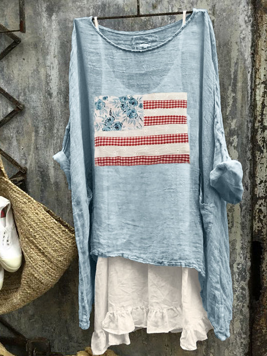 Comstylish American Flag Cottage Floral Check Fiber Art Linen Tunic