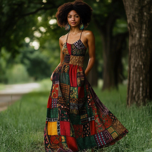Vintage Tribal Print Women's Linen Sling Dress artswardrobe