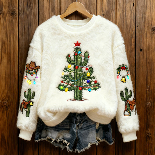 Comstylish Warm Crew Neck Sweater With Cactus And Christmas Tree Pattern