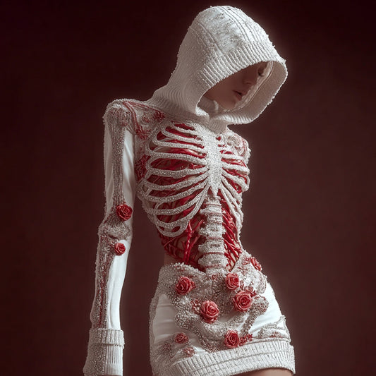 Comstylish Women's Skeleton Roses Art Cozy Knit Hooded Mini Sweater Dress