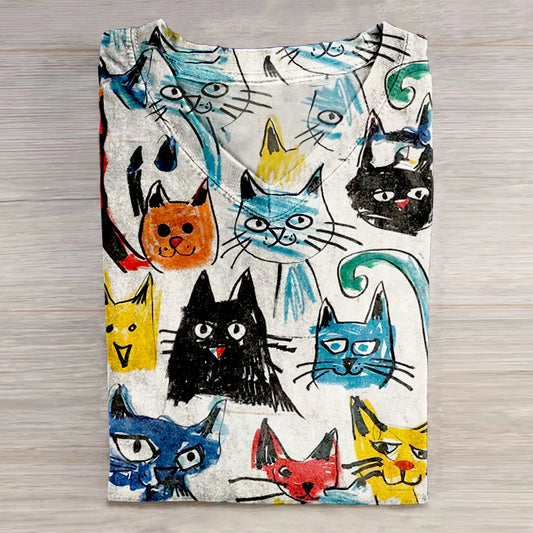 Comstylish Women's Cute Kid Drawing Cat Art Casual T-Shirt