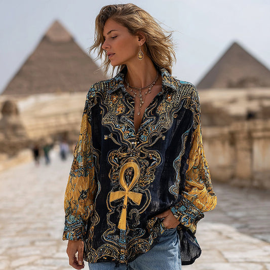 Comstylish Women's Ancient Egyptian Ankh And Floral Linen Blend Shirt