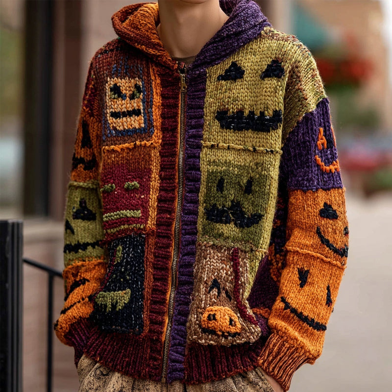 Men's Halloween Inspired Patchwork Cozy Knitted Zip Up Hoodie artswardrobe