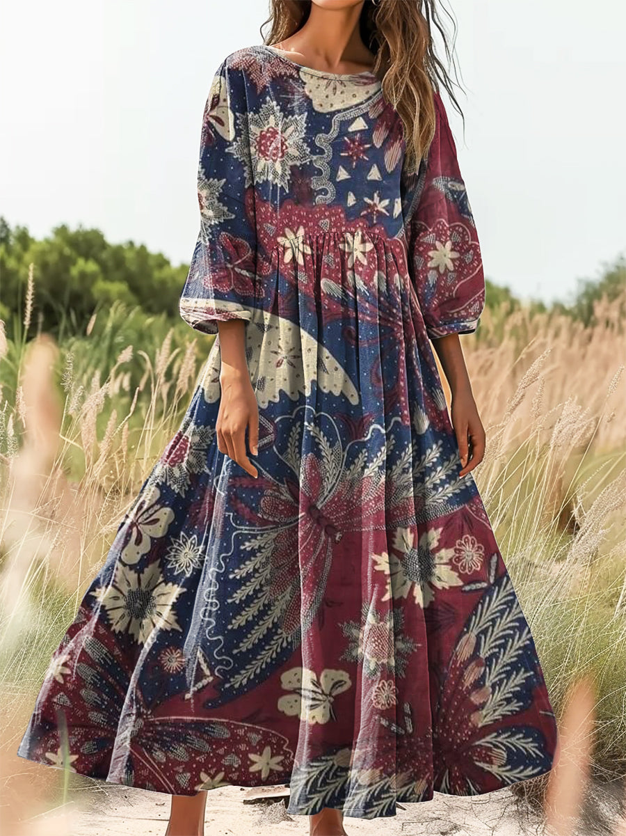 Women's Vintage Butterfly Art Print Flowy Cotton Crew Neck Dress