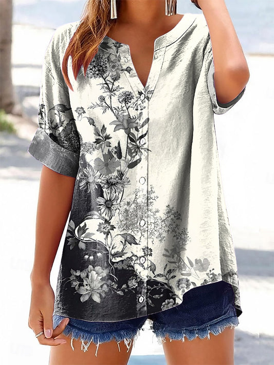 Women's Floral Pattern Art Print Cotton Linen Casual Shirt