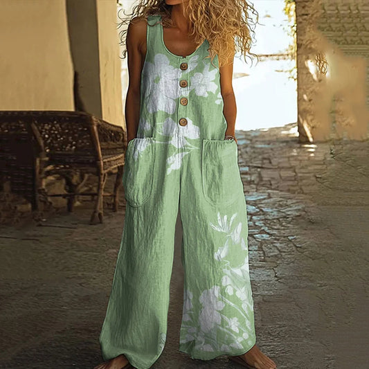 Vintage Floral Print Women's Linen Vest Jumpsuit artswardrobe