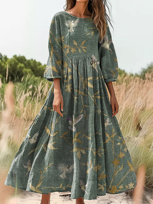 Women's Vintage Floral Art Print Flowy Crew Neck Cotton Pocket Dress