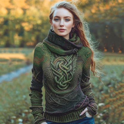 Women's Irish Rainbow Pattern Jacquard Pocket Cozy Hooded Sweater artswardrobe