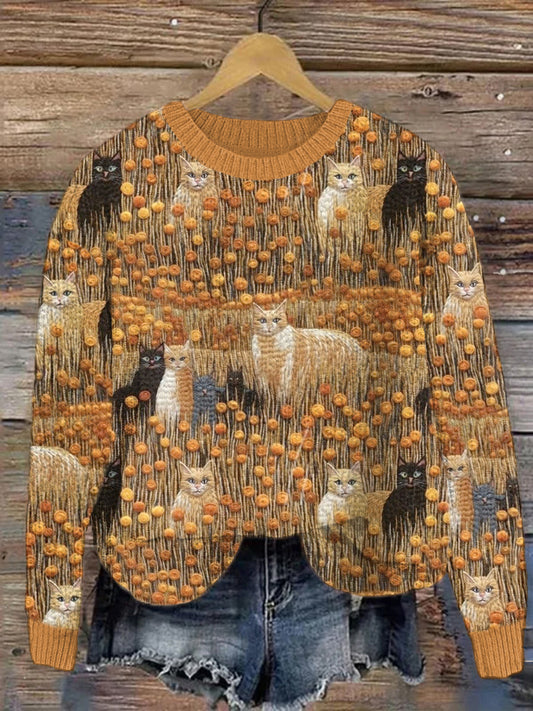 Fall Cats Embroidery Pattern Cozy Knit Sweater artswardrobe