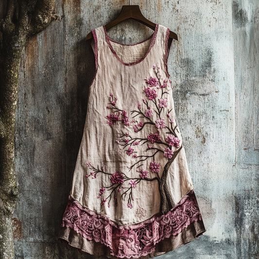 Comstylish Women's Cherry Blossom Embroidery Art Linen Tank Dress