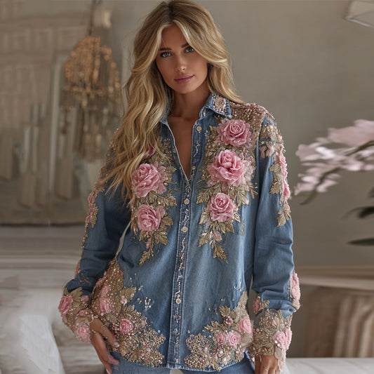 Women's Vintage Floral Embroidery Art Linen Blend Shirt artswardrobe