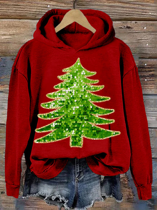 Comstylish Sequin Christmas Tree Embroidered Cozy Hoodie