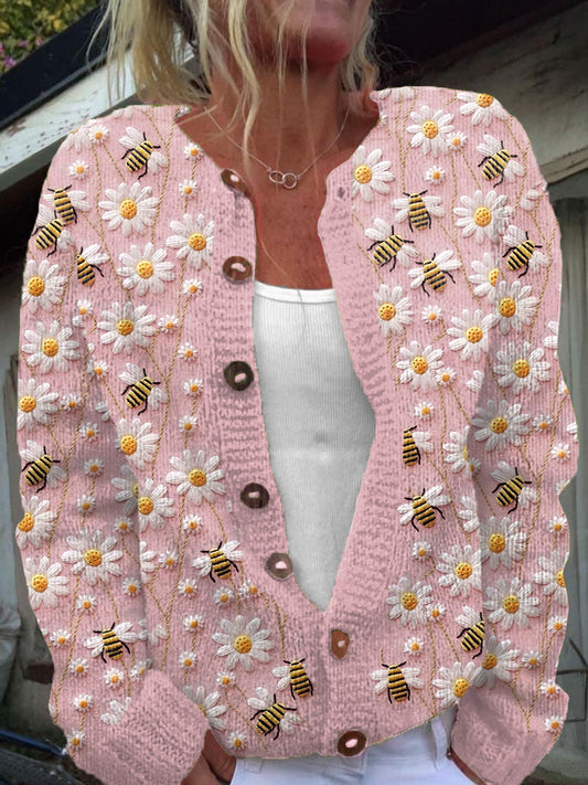 Daisy Bee Embroidery Pattern Cozy Knit Cardigan artswardrobe