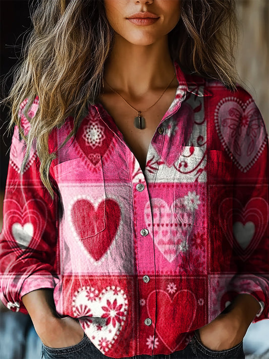 Women's Vintage Heart Patchwork Art Print Casual Long Sleeve Comfortab
