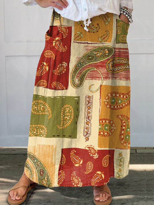 Women's Ethnic Paisley Collage Art Print Linen Pocket Skirt