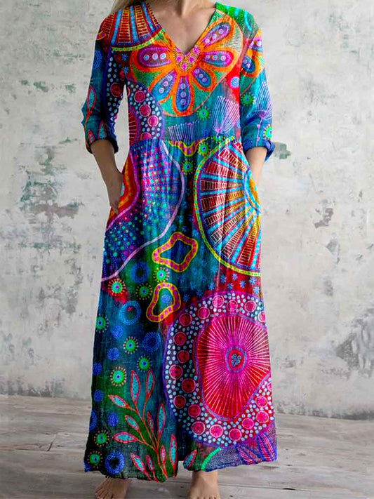 Women's Artistic Texture Geometric Pattern V-neck Cotton And Linen Dre