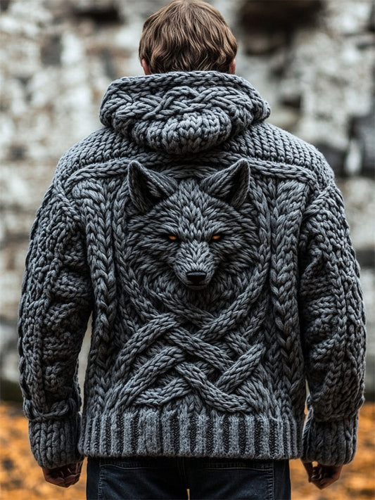 Men's Grey Wolf Viking Celtic Chunky Hooded Cardigan elevenforest