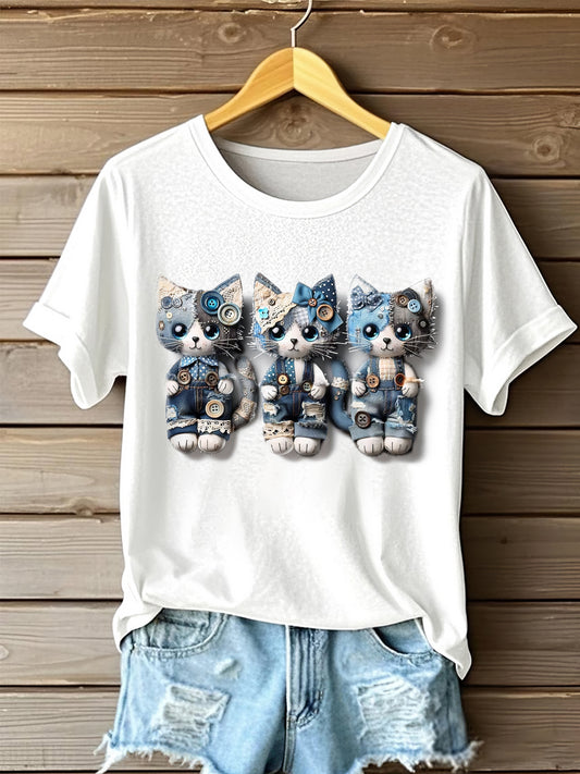 Women's Denim Lovely Cats Portrait Art Print Short Sleeve Casual T-shirt elevenforest