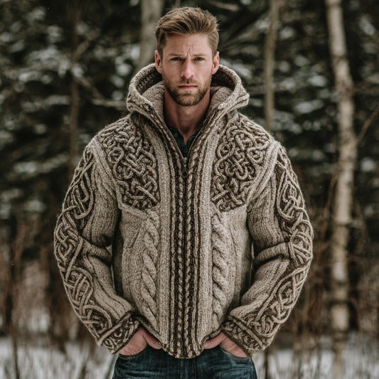 Men's Viking Celtic Knot Chunky Knit Hooded Sweater Cardigan artswardrobe