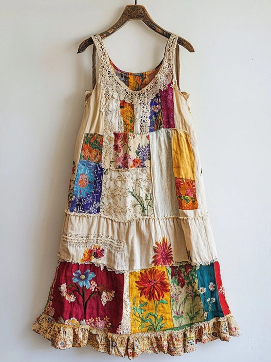 Vintage Floral Pattern Patchwork Art Linen Blend Dress artswardrobe
