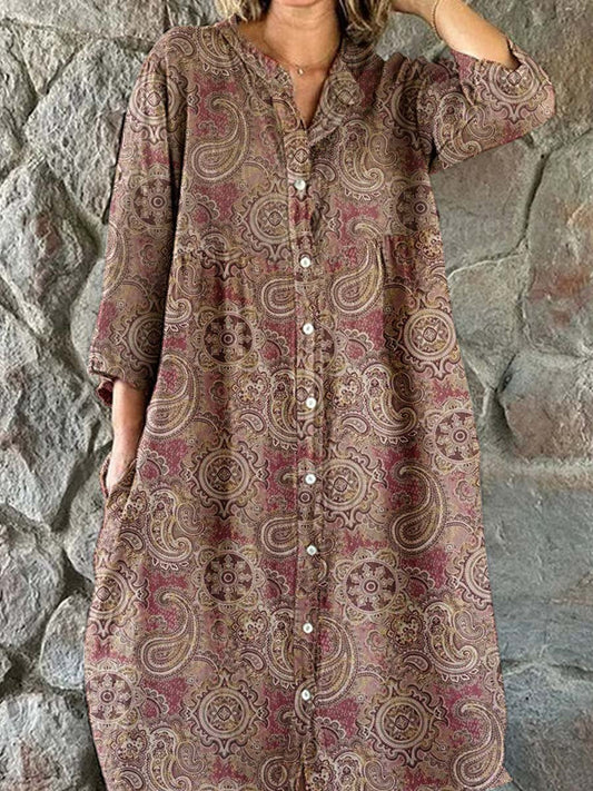 Women's Perez Pattern Floral Print Shirt Style Cotton and Linen Dress