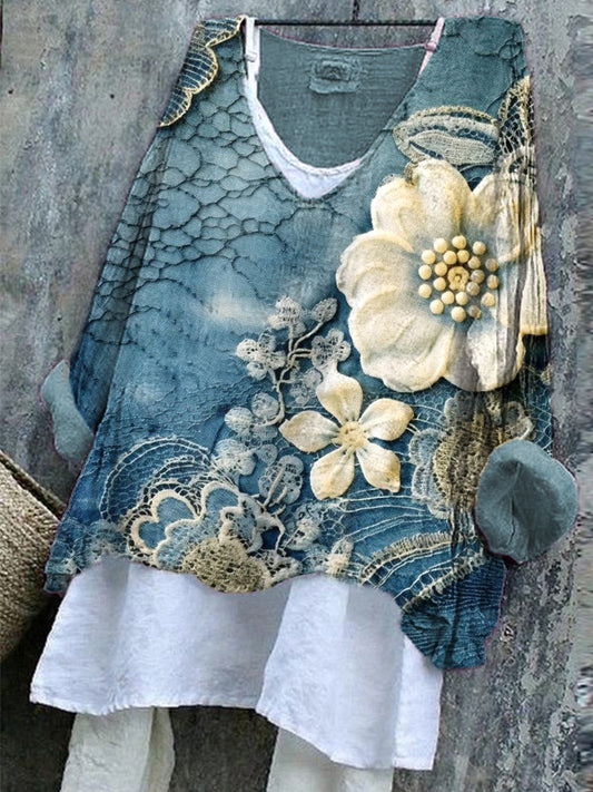 Comstylish Lace Floral Embroidery Art Linen Blend Vintage Shirt