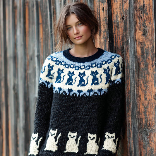 Comstylish Vintage Fairman Island Cat Round Collar Sweater