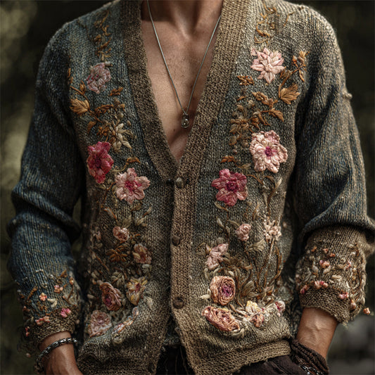 Men's Boho Floral Embroidered Dyed Comfy Knit Cardigan elevenforest
