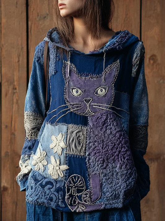 Japanese Art Style Cat And Plant Flower Pattern Embroidery Women's Plaid Hooded Sweater elevenforest