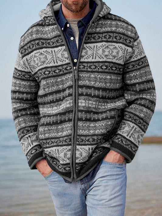 Mens Vintage Fair Isle Knitted Hooded Cardigan artswardrobe